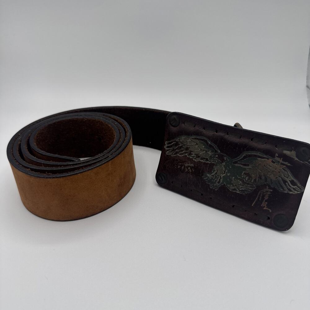 Fossil Vintage Brown Leather Eagle Biker Trifold Belt 40 Inch